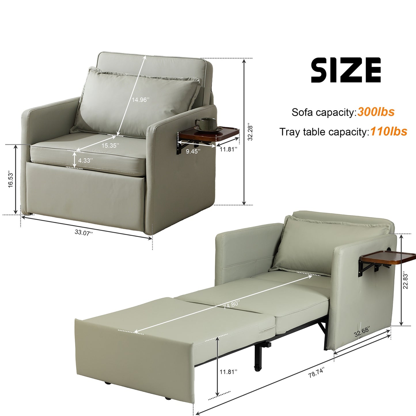 Adult Sleeper Chair Bed, 3-in-1 Convertible Sofa Chair Bed Pull-out Sofa Bed, Convenient Folding Tray Table With USB And Type-C Charging Ports For Living Room