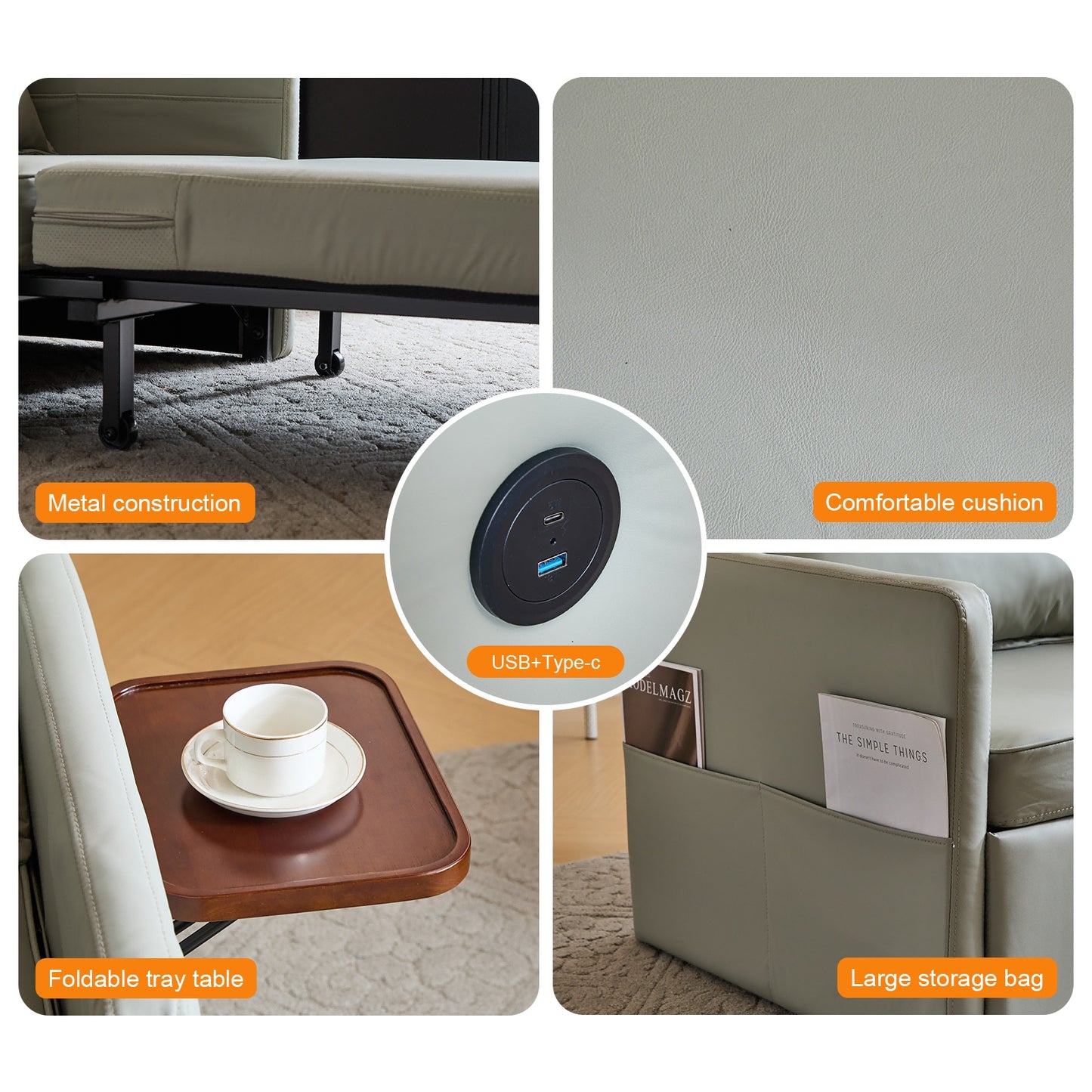 Adult Sleeper Chair Bed, 3-in-1 Convertible Sofa Chair Bed Pull-out Sofa Bed, Convenient Folding Tray Table With USB And Type-C Charging Ports For Living Room