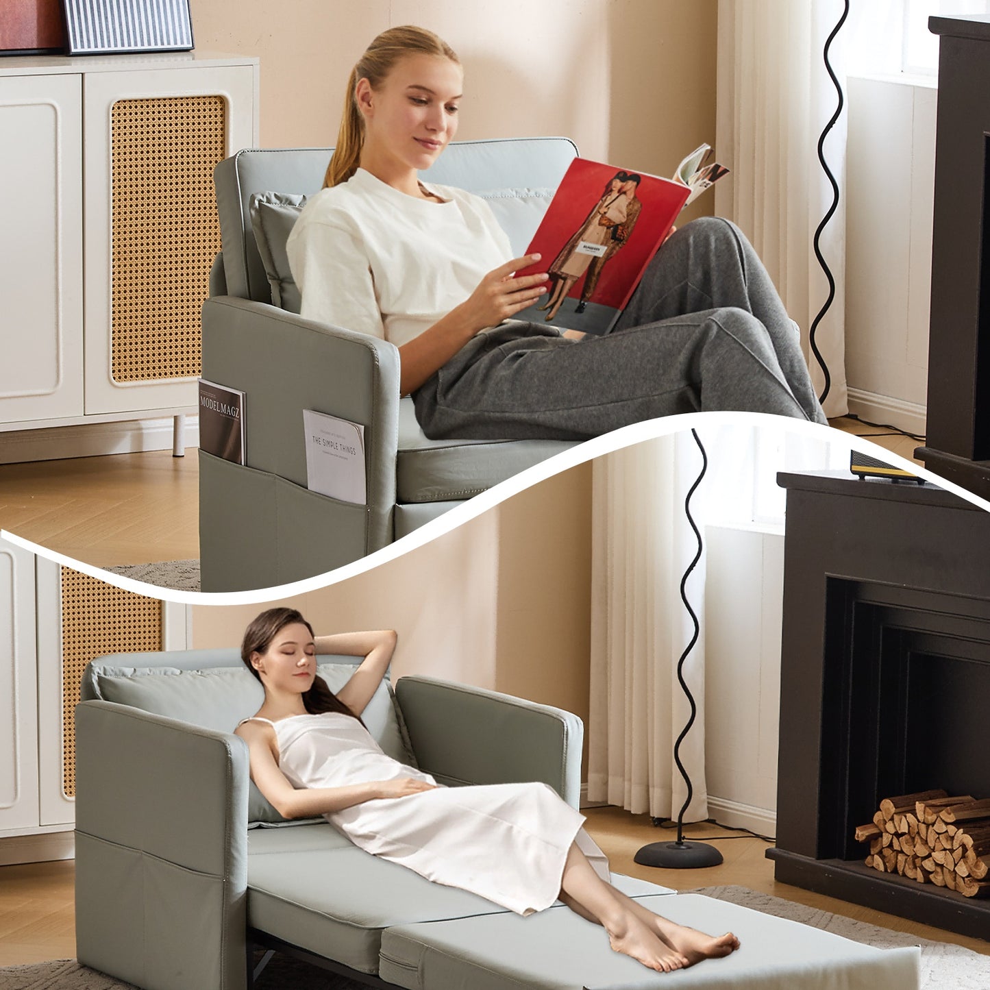 Adult Sleeper Chair Bed, 3-in-1 Convertible Sofa Chair Bed Pull-out Sofa Bed, Convenient Folding Tray Table With USB And Type-C Charging Ports For Living Room