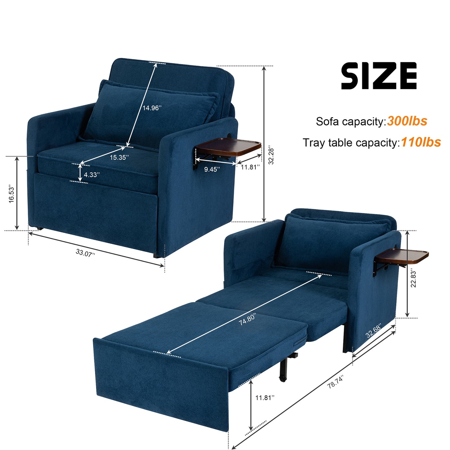 Adult Sleeper Chair Bed, 3-in-1 Convertible Sofa Chair Bed Pull-out Sofa Bed, Convenient Folding Tray Table With USB And Type-C Charging Ports For Living Room