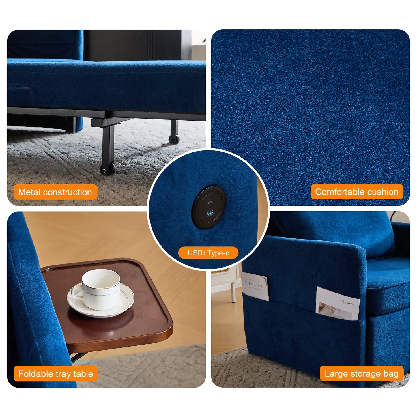 Adult Sleeper Chair Bed, 3-in-1 Convertible Sofa Chair Bed Pull-out Sofa Bed, Convenient Folding Tray Table With USB And Type-C Charging Ports For Living Room