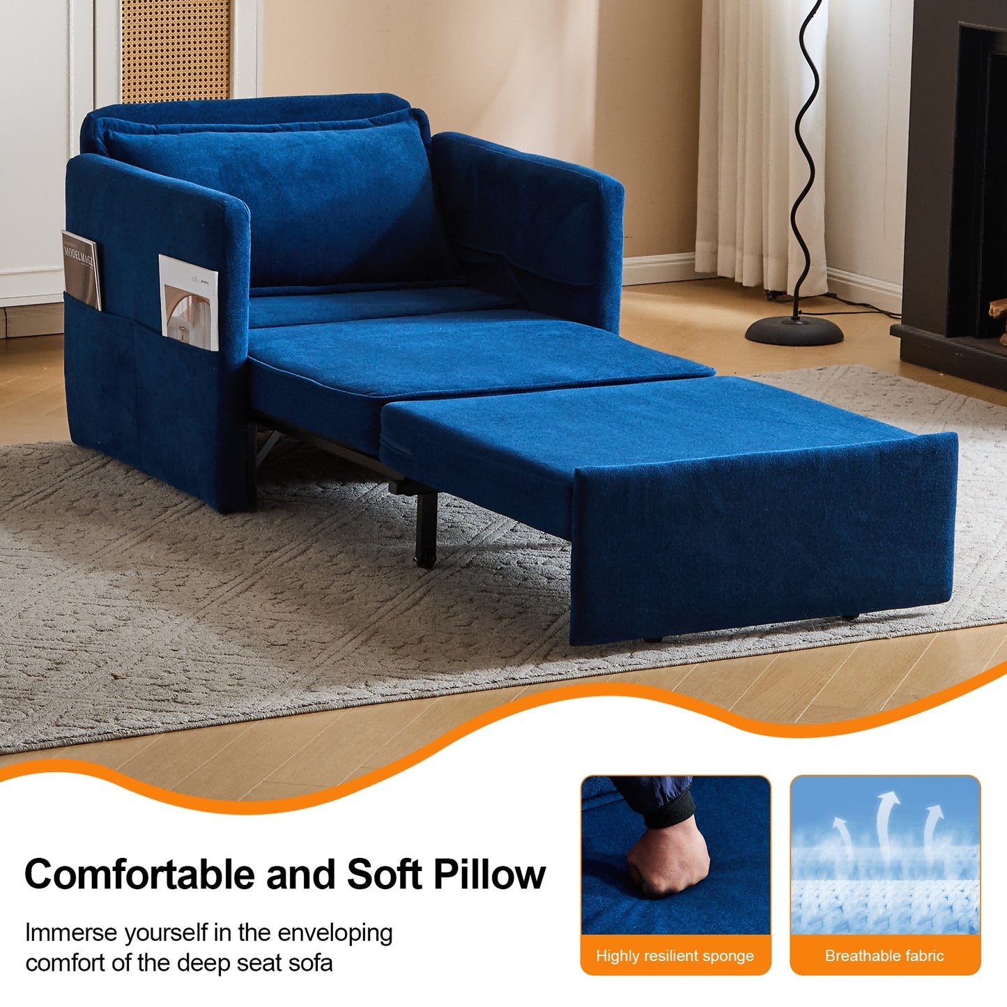 Adult Sleeper Chair Bed, 3-in-1 Convertible Sofa Chair Bed Pull-out Sofa Bed, Convenient Folding Tray Table With USB And Type-C Charging Ports For Living Room