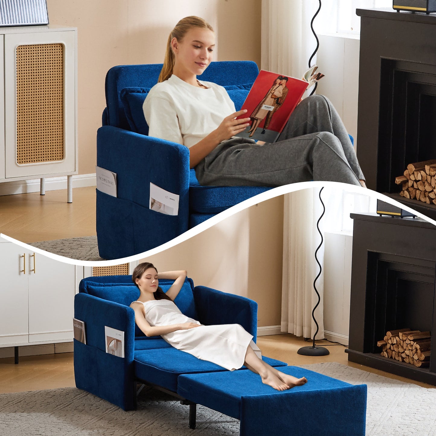 Adult Sleeper Chair Bed, 3-in-1 Convertible Sofa Chair Bed Pull-out Sofa Bed, Convenient Folding Tray Table With USB And Type-C Charging Ports For Living Room