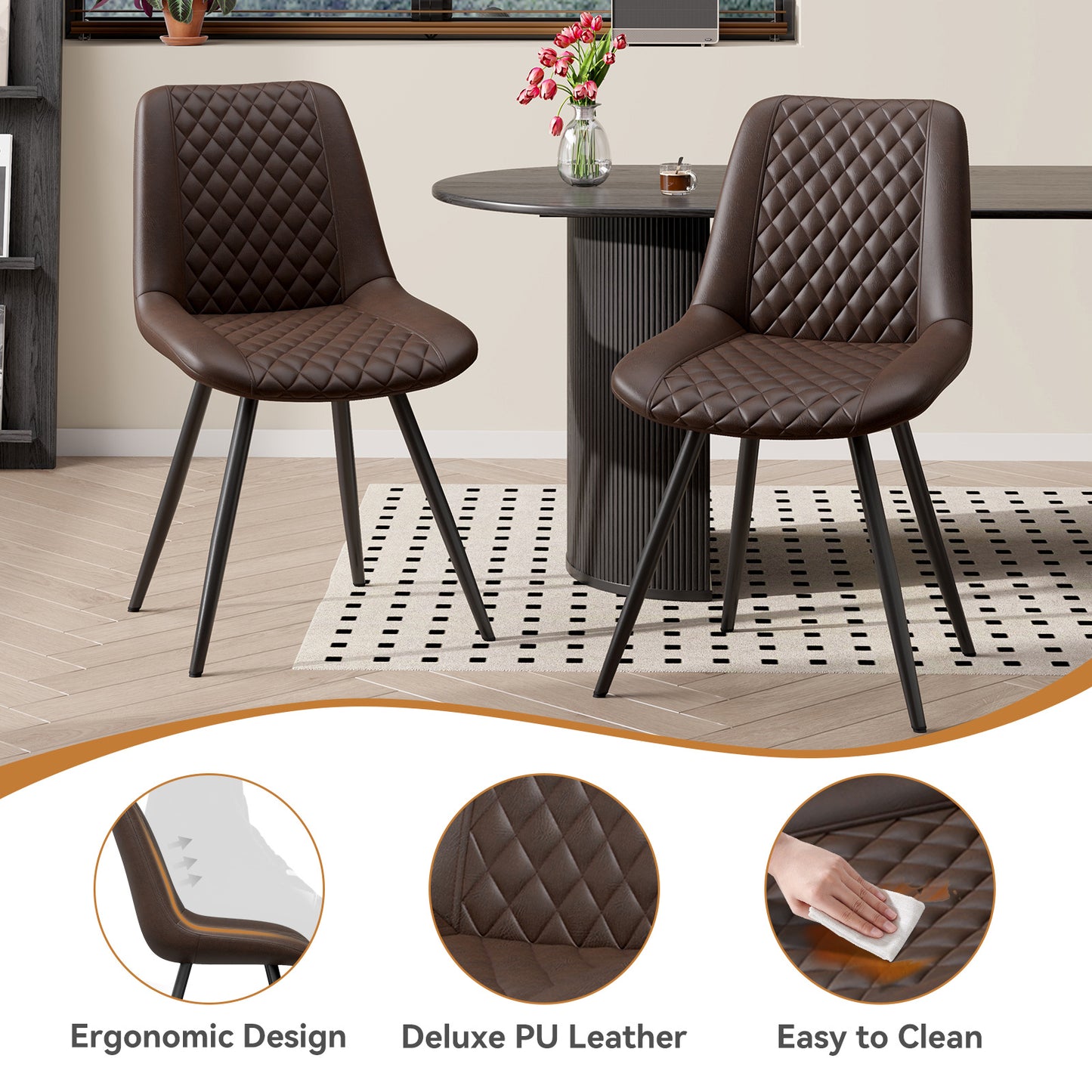 Modern PU Leather Dining Chairs Set of 2 – Waterproof, Scratch-Resistant, Metal Legs, Easy Assembly – for Kitchen, Dining Room, Office