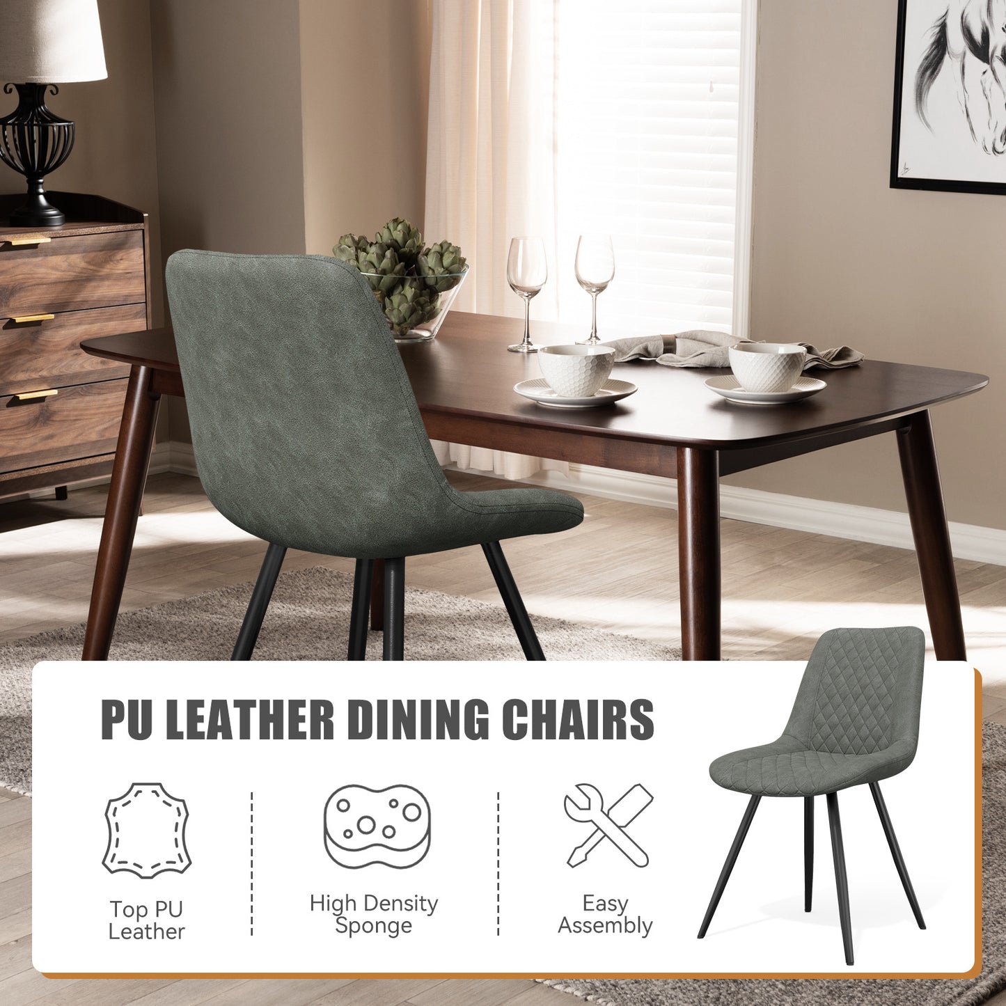 Modern PU Leather Dining Chairs Set of 2 – Waterproof, Scratch-Resistant, Metal Legs, Easy Assembly – for Kitchen, Dining Room, Office