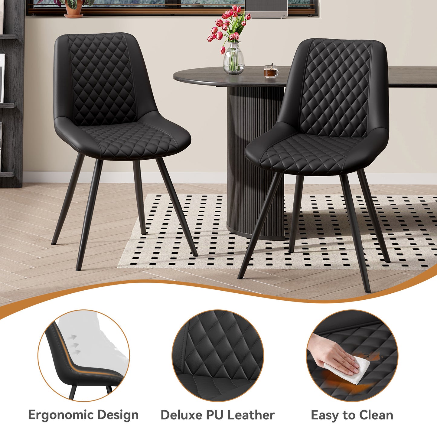 Modern PU Leather Dining Chairs Set of 2 – Waterproof, Scratch-Resistant, Metal Legs, Easy Assembly – for Kitchen, Dining Room, Office
