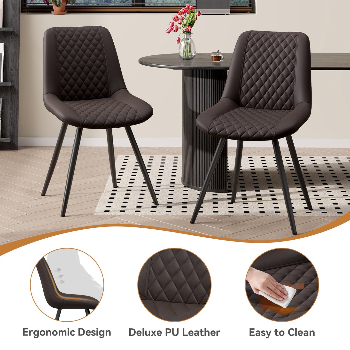 Modern PU Leather Dining Chairs Set of 2 – Waterproof, Scratch-Resistant, Metal Legs, Easy Assembly – for Kitchen, Dining Room, Office